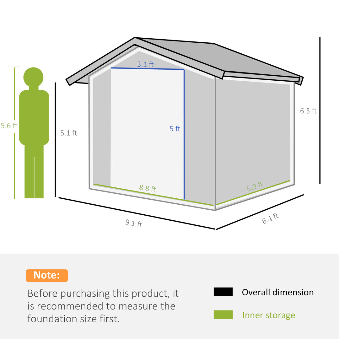 9 x 6ft Metal Bicycle Shed, Outdoor Storage Tool House with Ventilation Slots, Foundation Kit and Lockable Double Doors, Dark Grey