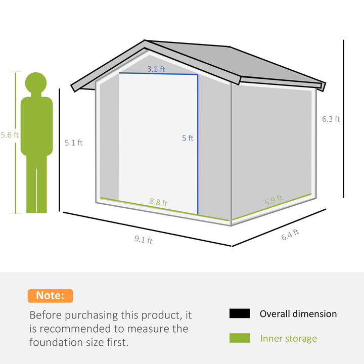 9 x 6ft Metal Bicycle Shed, Outdoor Storage Tool House with Ventilation Slots, Foundation Kit and Lockable Double Doors, Dark Grey