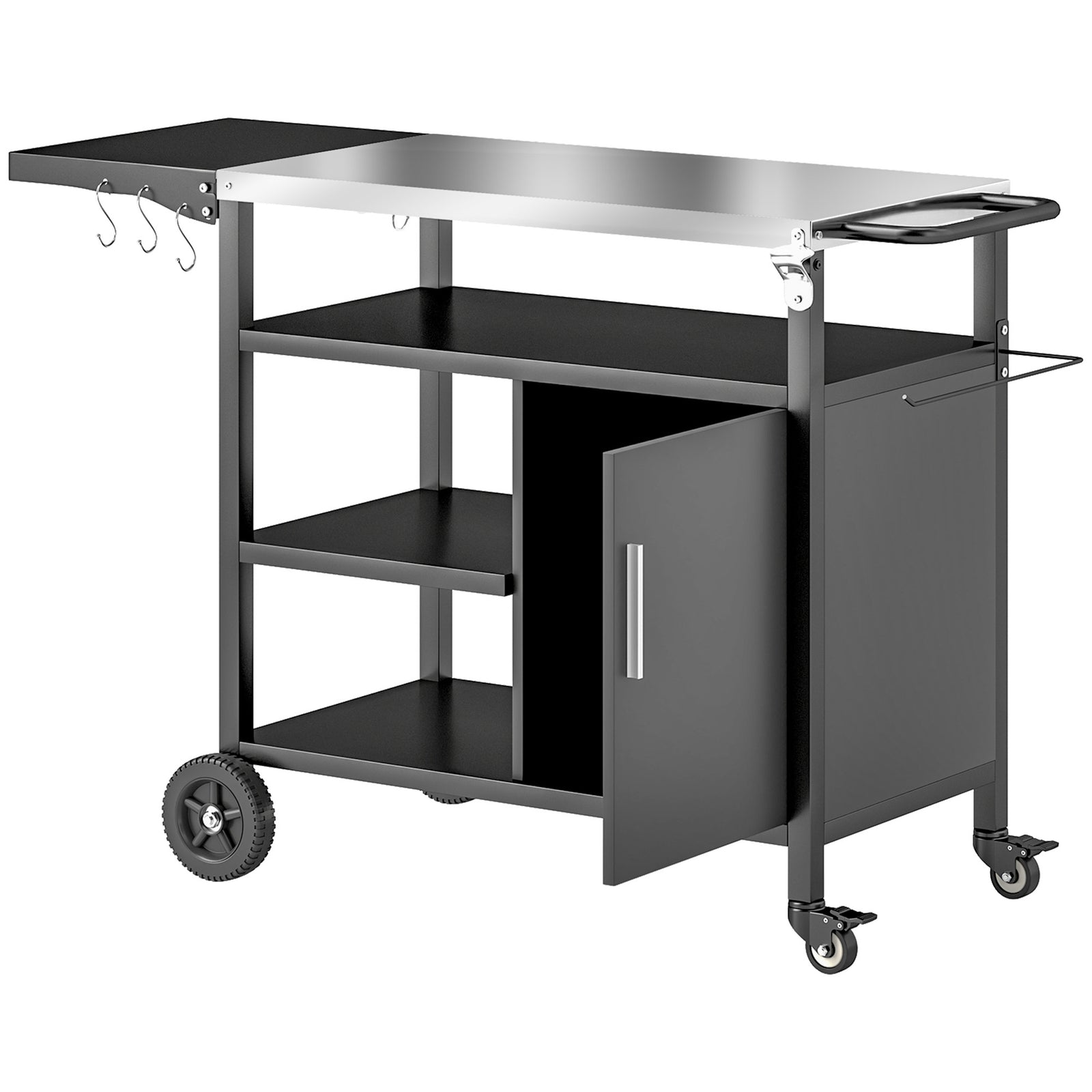 Outdoor BBQ Trolley with Foldable Side Table, Stainless Steel Top, Outdoor Kitchen with Wheels Hooks Shelves Cabinet, Pizza Oven Table Movable Outdoor Grill Dining Cart with Cover, Black