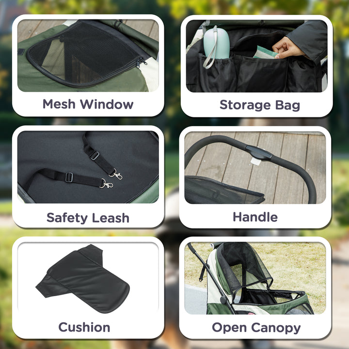 Foldable Pet Stroller for Large Dogs with Four Big Wheels, Shock-Absorbing Frame, Safety Leashes, Brakes, Dark Green