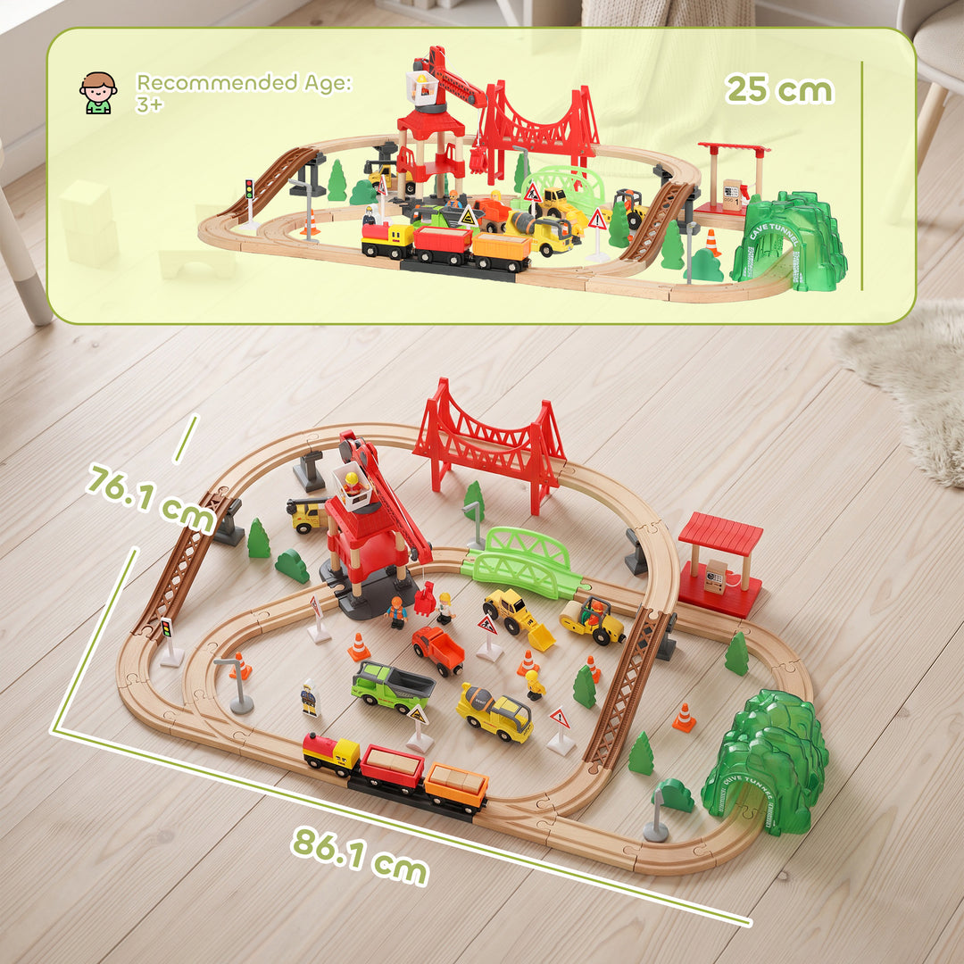 91-Piece Wooden Train Set, Toy Train with Magnetic Crane, Sound - view 3