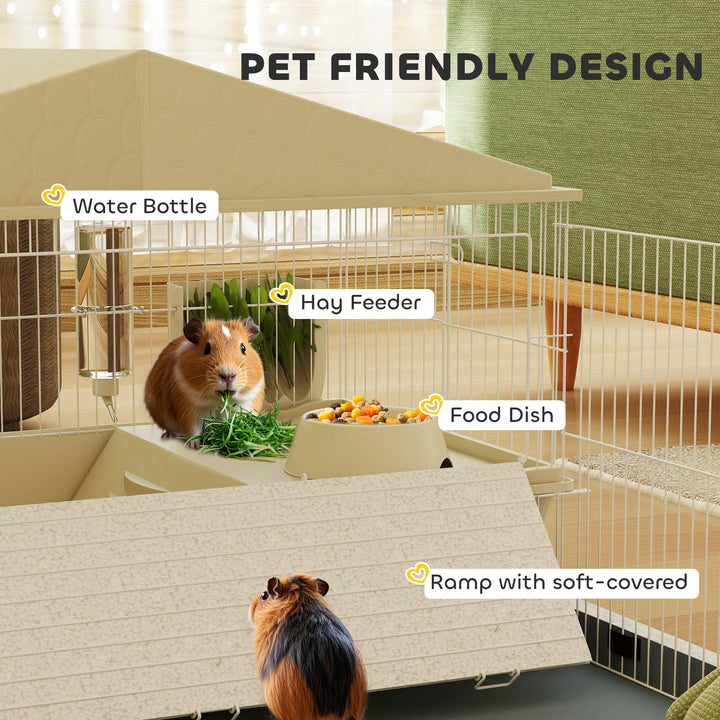 Small Animal Cage with Removable Pet Playpen, Guinea Pig Cage with Waterproof Pad, Hay Feeder, 108 x 71 x 57cm, Beige