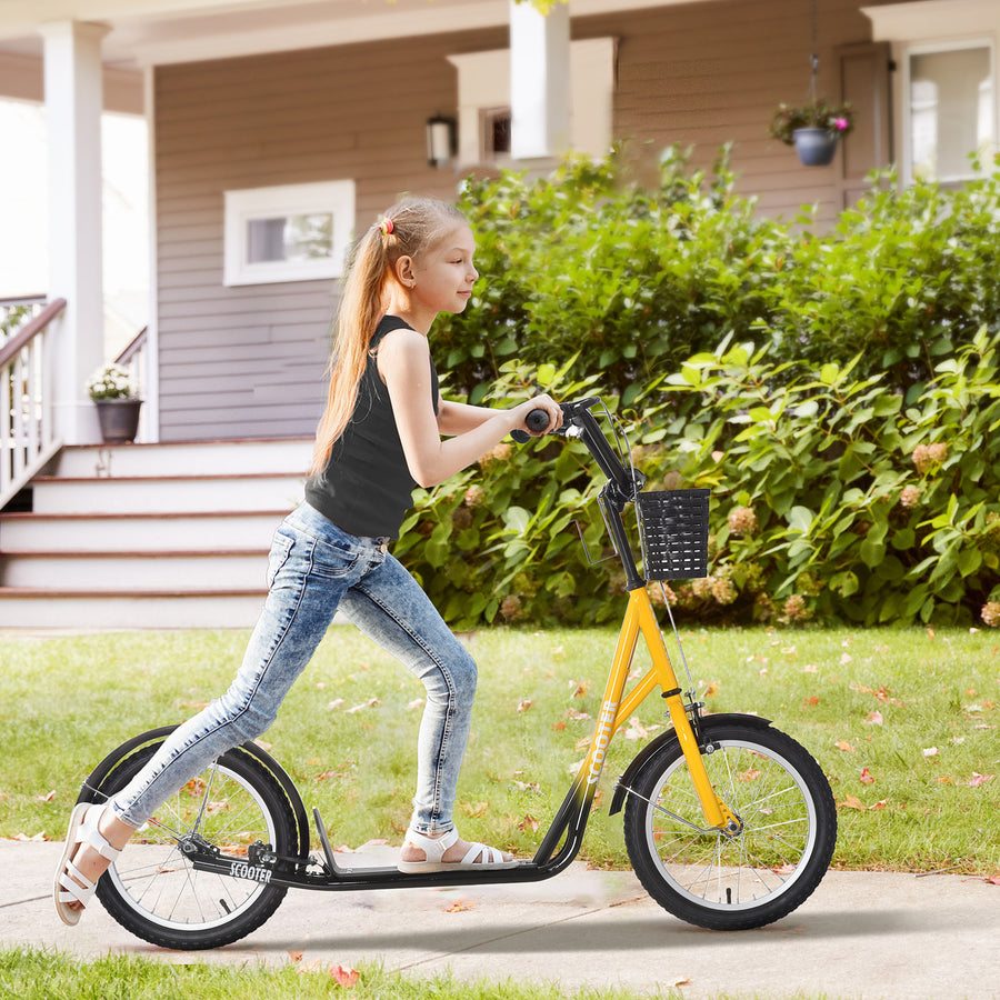 Kids Scooter, Kick Stunt Scooter with Adjustable Handlebar, Dual Brakes, Basket, Cupholder, Mudguard, 16" Inflatable Rubber Wheels, for 5-12 years, Orange