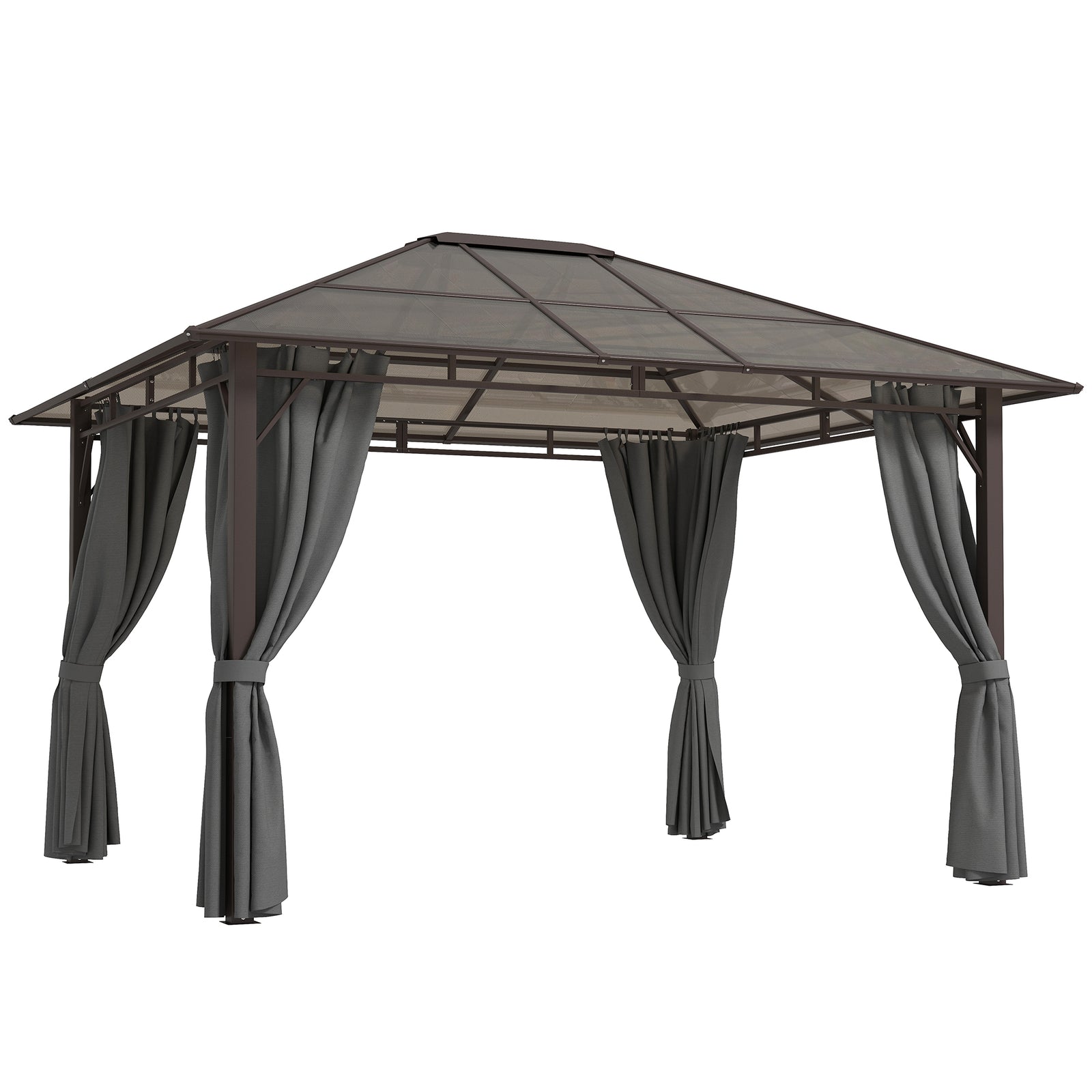 3 x 3.6m Hardtop Gazebo Canopy with Polycarbonate Roof Garden Pavilion with Removable Curtains and Steel Frame, Dark Grey