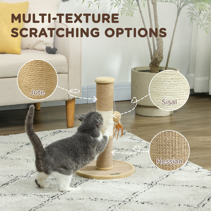 Cat Scratching Post for Indoor Cats, 47cm Tall Cat Scratcher with Jute Sisal Rope, Hanging Toy Ball, Feather, Brown