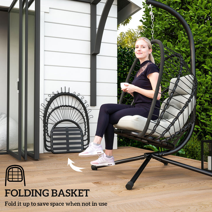 Outdoor PE Rattan Swing Chair with Foldable Basket and Cushion, Garden Patio Hanging Egg Chair with Metal Stand, Headrest for Indoor and Outdoor, Black