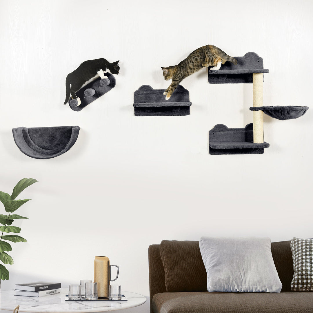 4PCs Wall-Mounted Cat Shelves w/ Scratching Post, Hammock, Nest