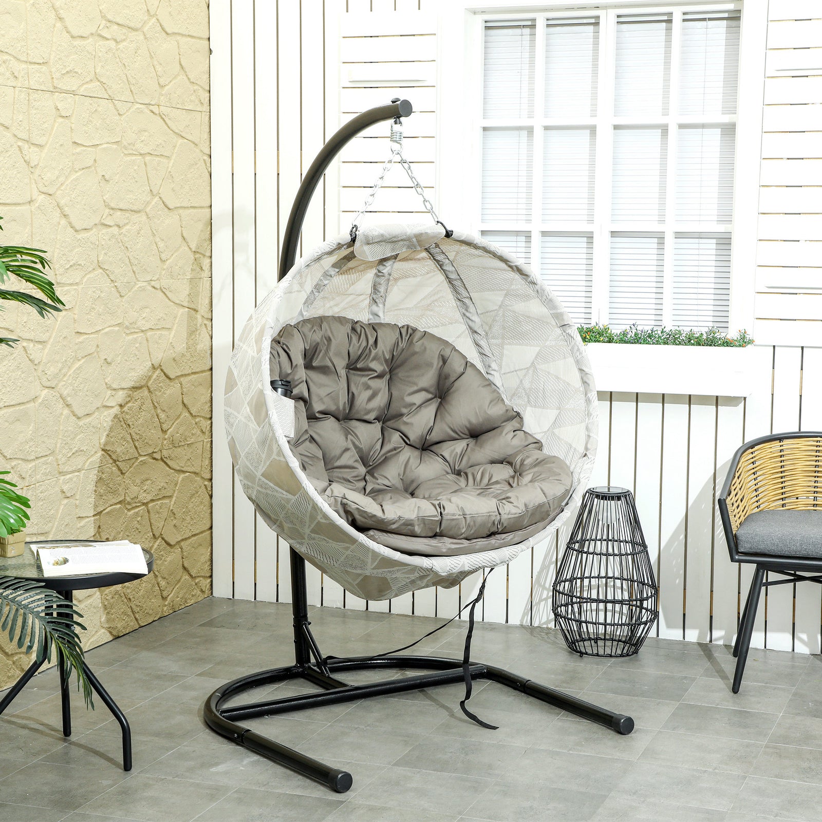 Hanging Egg Chair Outdoor Indoor Garden Swing Chair with Folding Basket, Garden Hanging Chair with Stand, Thickened Cushion, Cup Holder for Patio, Balcony, Sand Brown