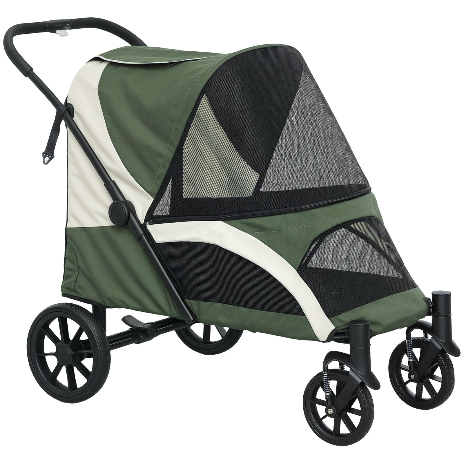 Foldable Pet Stroller for Large Dogs with Four Big Wheels, Shock-Absorbing Frame, Safety Leashes, Brakes, Dark Green