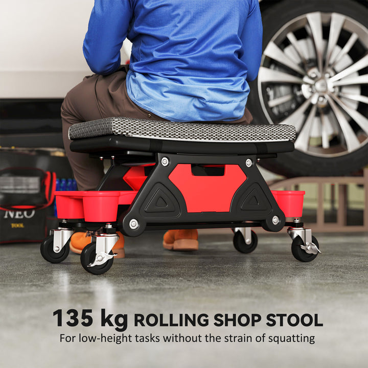 Rolling Mechanic Stool, 135kg Capacity Workshop Stool, 360° Swivel Roller Padded Creeper Seat with Wheels, Slide Out Tool Trays and Drawer for Garage, Shop, Auto Repair, Black