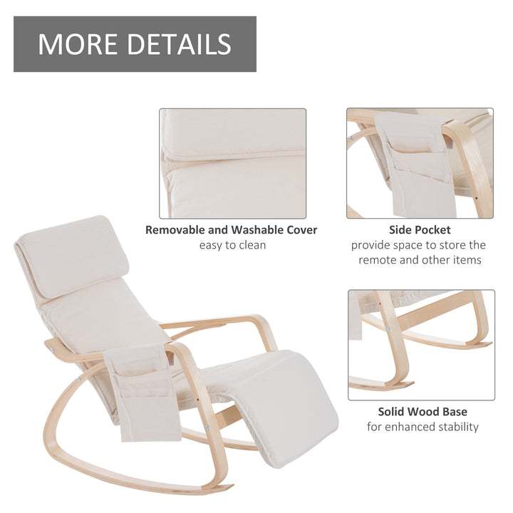 HOMCOM Rocking Lounge Chair Recliner Relaxation Lounging Relaxing Seat with Adjustable Footrest, Side Pocket and Pillow, Cream White | Aosom UK