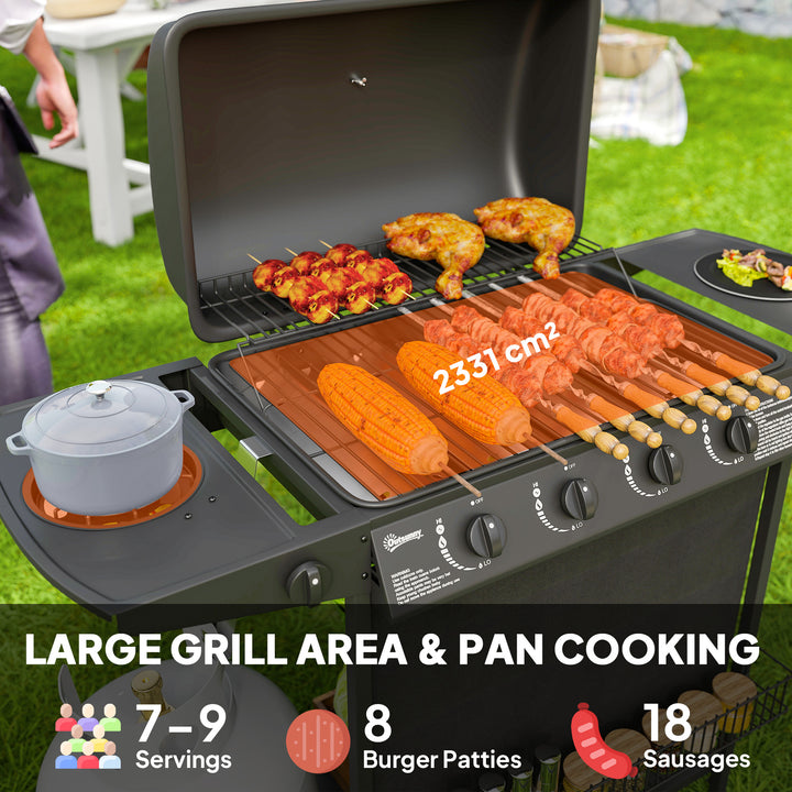 4+1 Burner Gas BBQ Grill, Portable Gas Barbecue Grill with Built-in Thermometer, Lid, Side Table, Shelf, Spice Rack, Wheels, Grease Cup for Garden Party Outdoor Cooking, Black