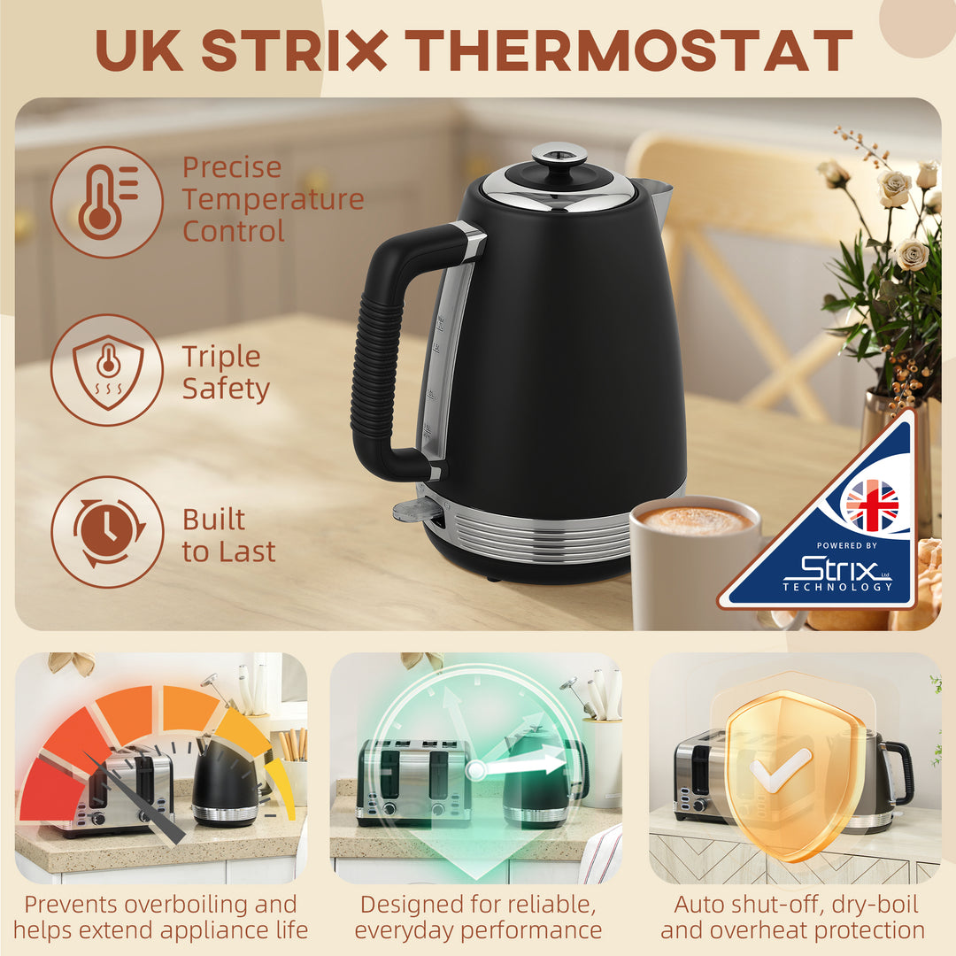 Stainless Steel Kettle and Toaster Set, 1.7L 3000W Rapid Boil Jug Kettle with UK Strix Thermostat, Limescale Filter, 4 Slice Toaster with 7 Browning Controls, Crumb Tray, Black and Silver Tone