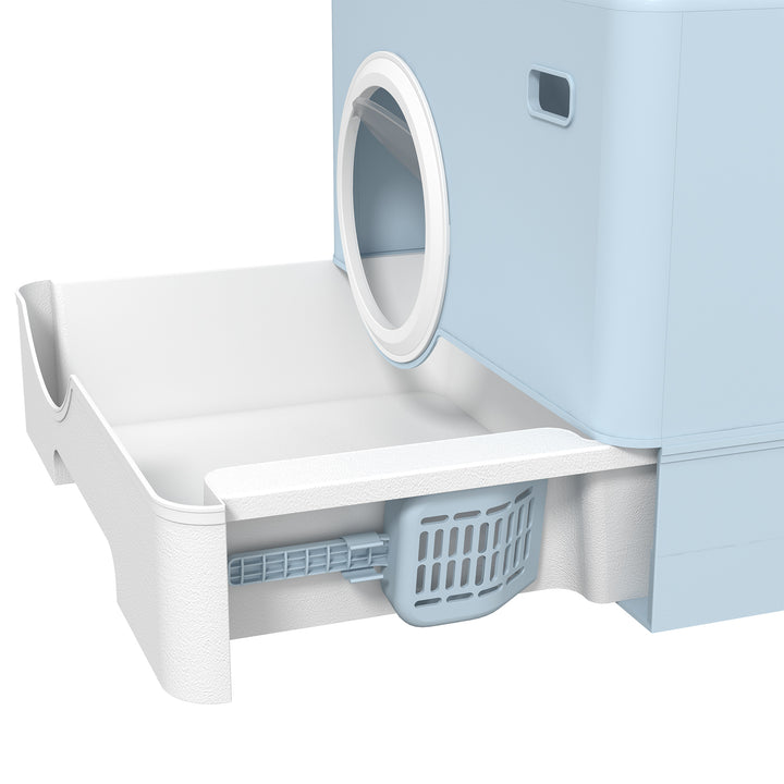 Enclosed Cat Litter Box, with Lid, Front Entry, Top Exit, Pull-Out Tray, Scoop - Blue