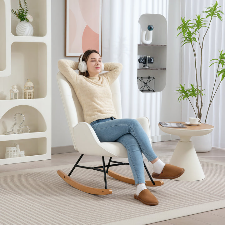 Rocking Chair, Modern Upholstered Velvet Armchair with Solid Wood Legs and Metal Frame for Living Room, Bedroom, Cream