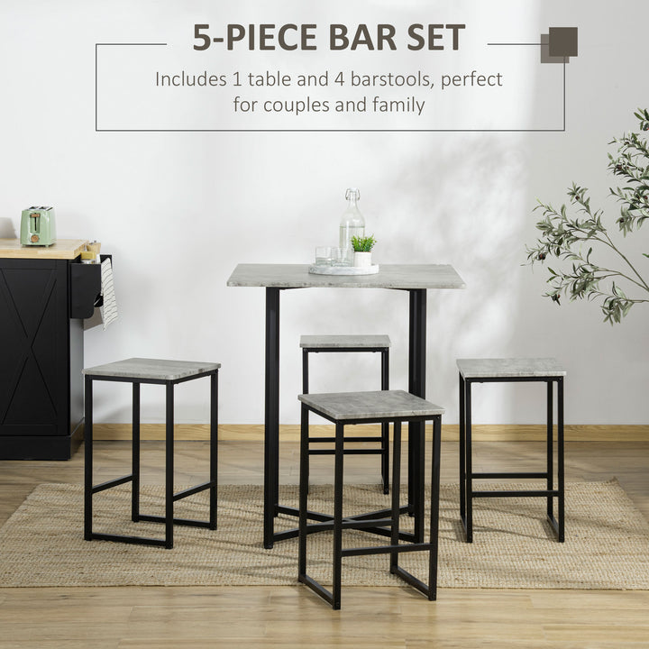 5pc Bar Table Set, Square Dining Table Set for 4 People, Home Kitchen Breakfast Bar Set with Steel Frame and Footrest, Concrete Grey