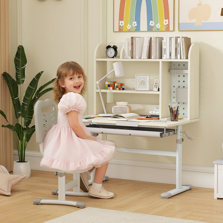 Kids Desk Height Adjustable with Tilt-Desktop, Hutch, Drawer, Storage Shelf, Pegboard, for 3-12 Years Old