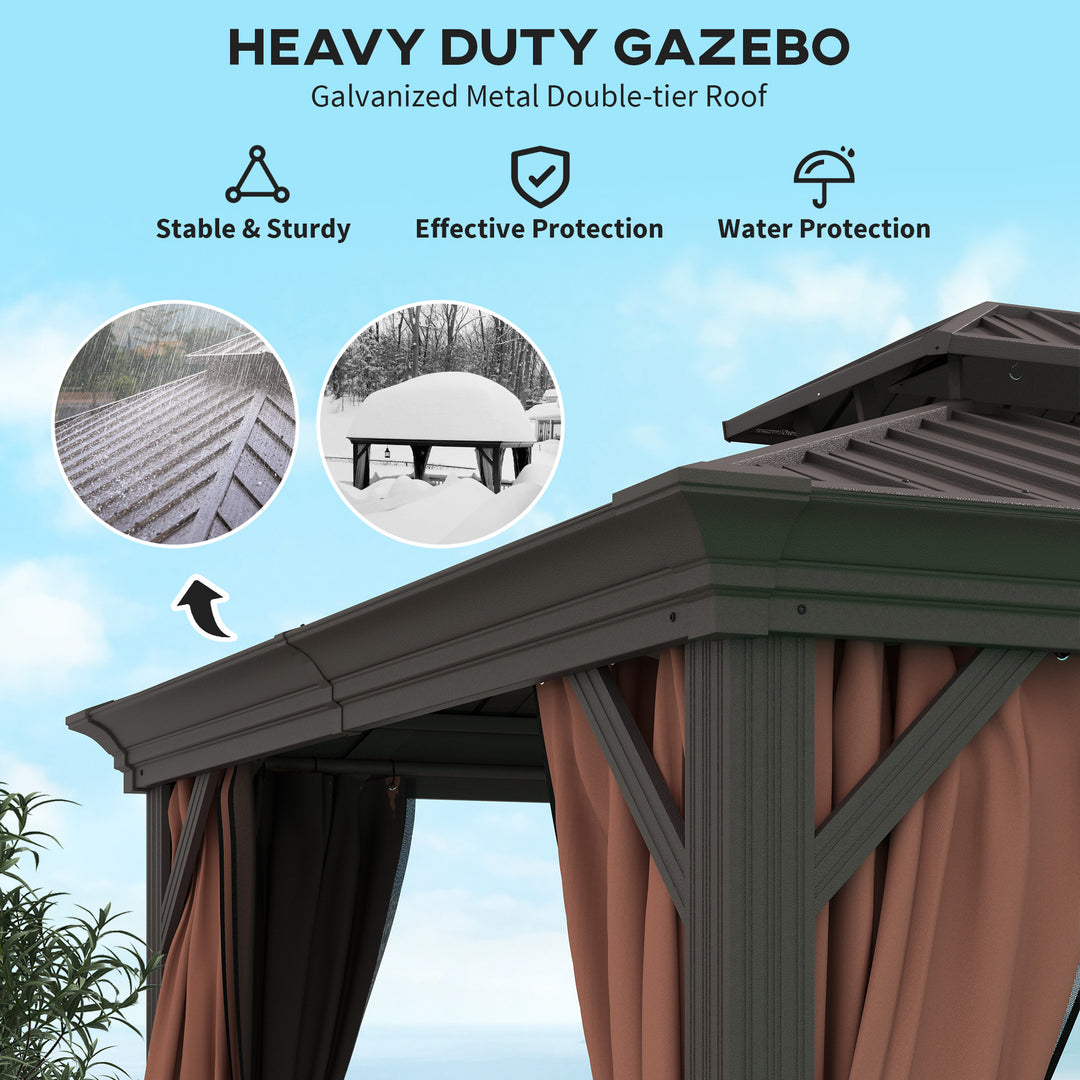 3 x 3.7m Outdoor Hardtop Gazebo Canopy Aluminium Frame with 2-Tier Roof & Mesh Netting Sidewalls for Patio, Dark Brown