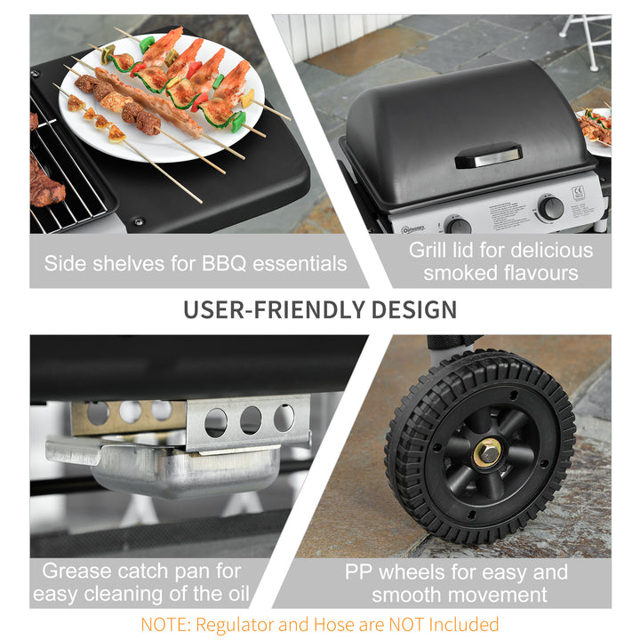 MCL 2 Burner Gas BBQ Trolley with Lid, 5.6 kW Gas Barbecue Grill with Wheels, Side Shelves, Black