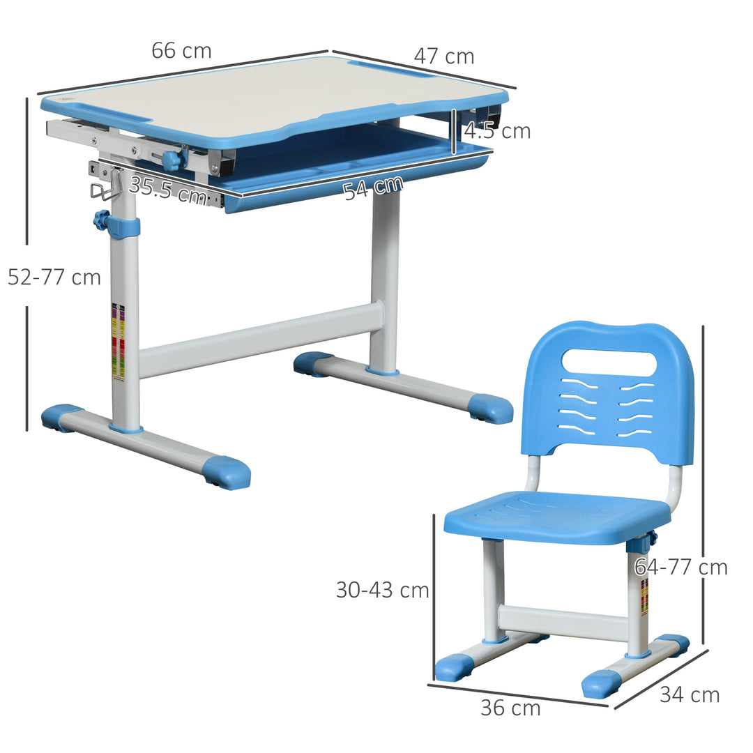 Kids Desk and Chair Set, Height Adjustable Student Writing Desk, Children School Study Table with Tiltable Desktop, Drawer, Pen Slot, Hook - Blue