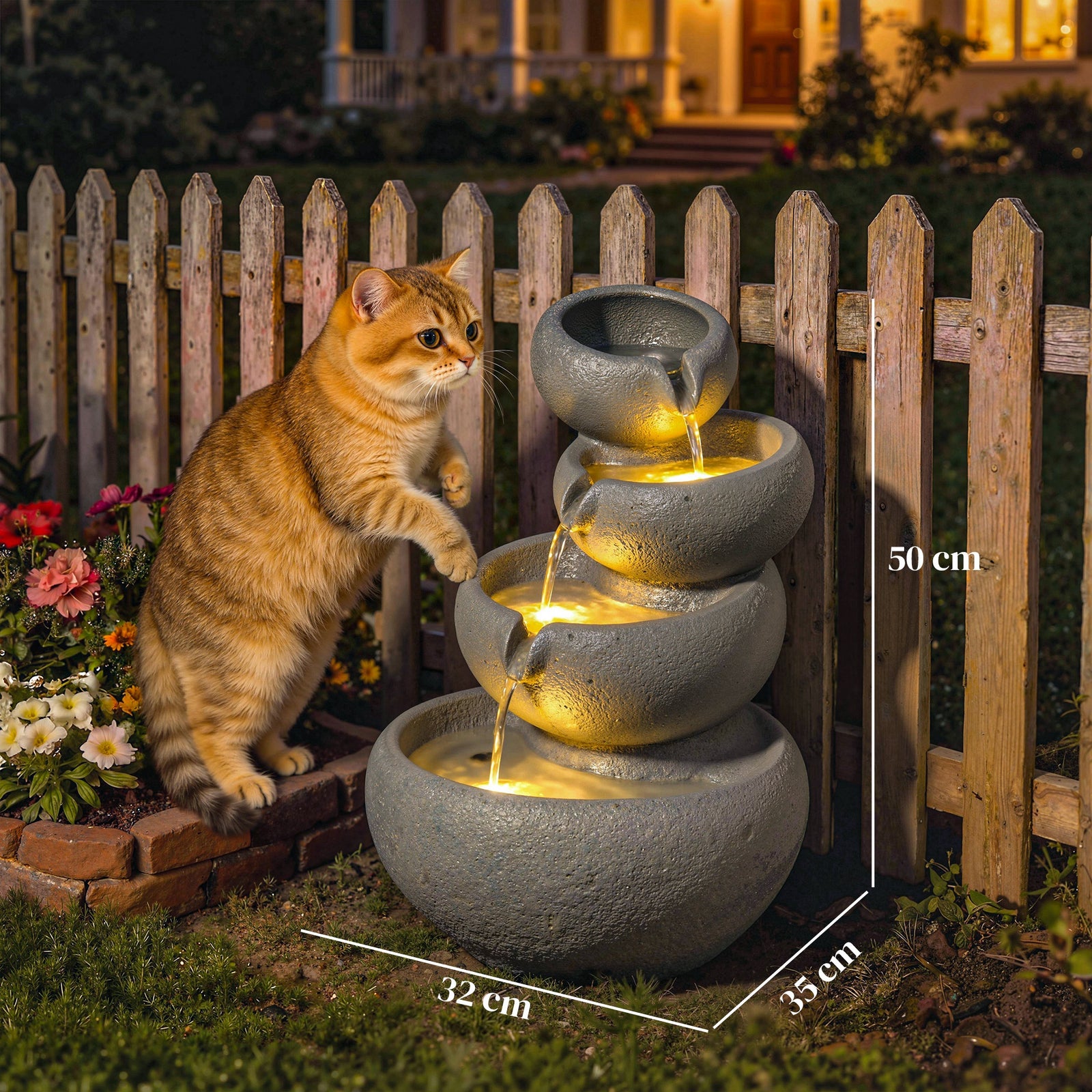 4-Tier Water Fountain Outdoor, Garden Water Feature with LED Lights an