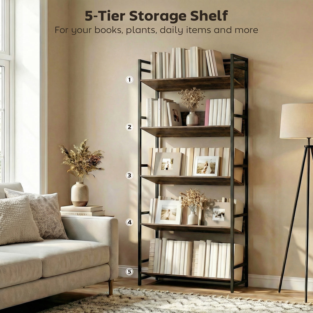 Bookshelf 5-Tier Metal Frame Room Divider Bookcase Storage Shelves for