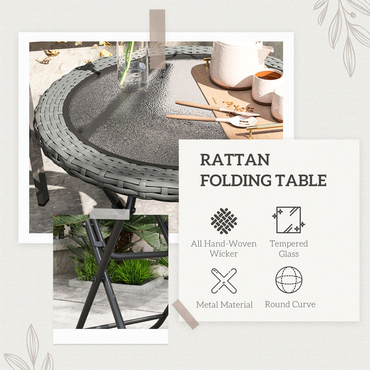 Folding Rattan Garden Dining Table, 68 cm Round Rattan Garden Table with Water Ripple Tempered Glass Top, Wicker Edging and Steel Frame for Outdoor, Patio, Grey
