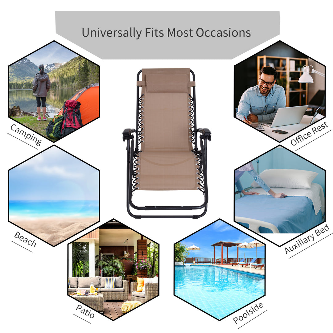 Zero Gravity Chair Metal Frame Texteline Armchair Outdoor Folding and Reclining Sun Lounger with Head Pillow for Patio Decking Gardens Camping, Beige