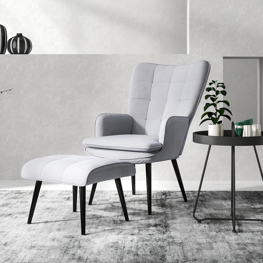 Armchair with Footstool, Living Room Chair, Linen Accent Chair for Bedroom, Home Study, Light Grey