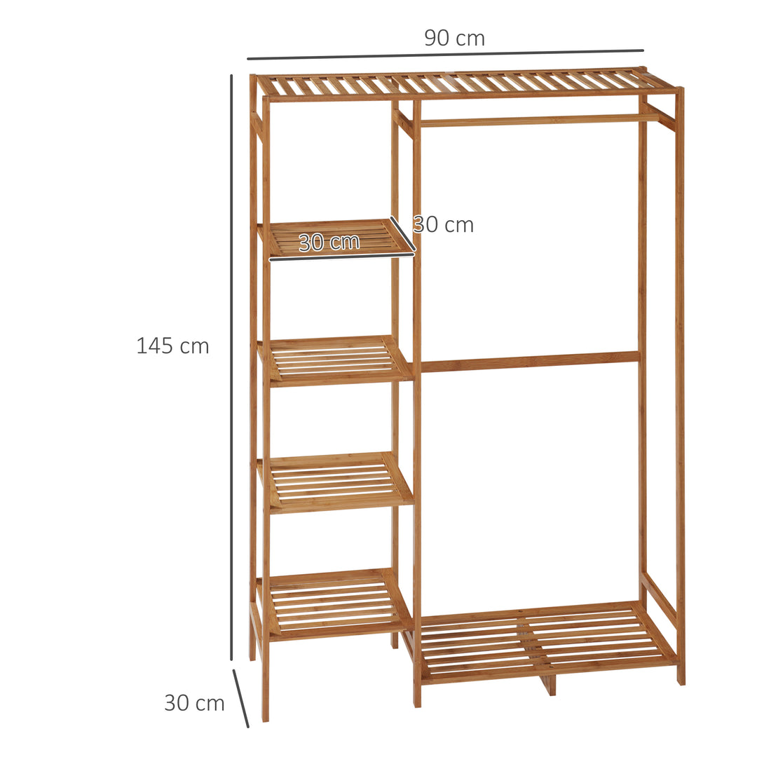 HOMCOM Bamboo Garment Rack: 6-Tier Storage Shelf with Hanging Rail for Bedroom & Living Room | Aosom UK