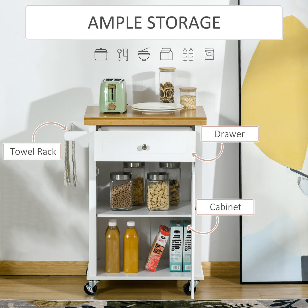 HOMCOM Kitchen Cart Storage Trolley Wooden Cabinet with Drawer Cupboard Towel Rail White | Aosom UK