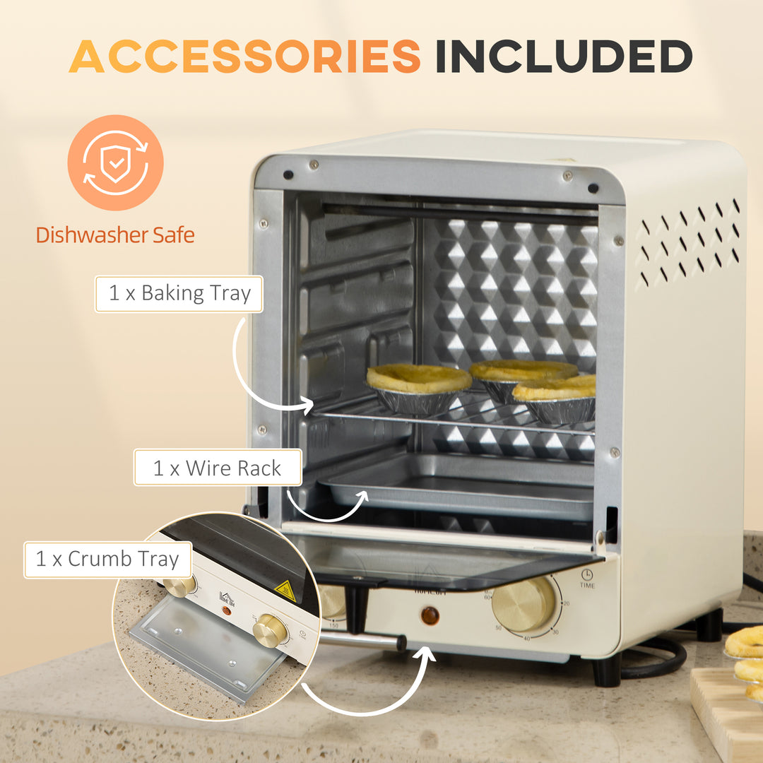 Mini Oven, 15 Litres Electric Oven and Grill with 60-230℃ Adjustable Temperature, 60 Minute Timer, Include Baking Tray, Wire Rack and Crumb Tray, 1000W, Cream White