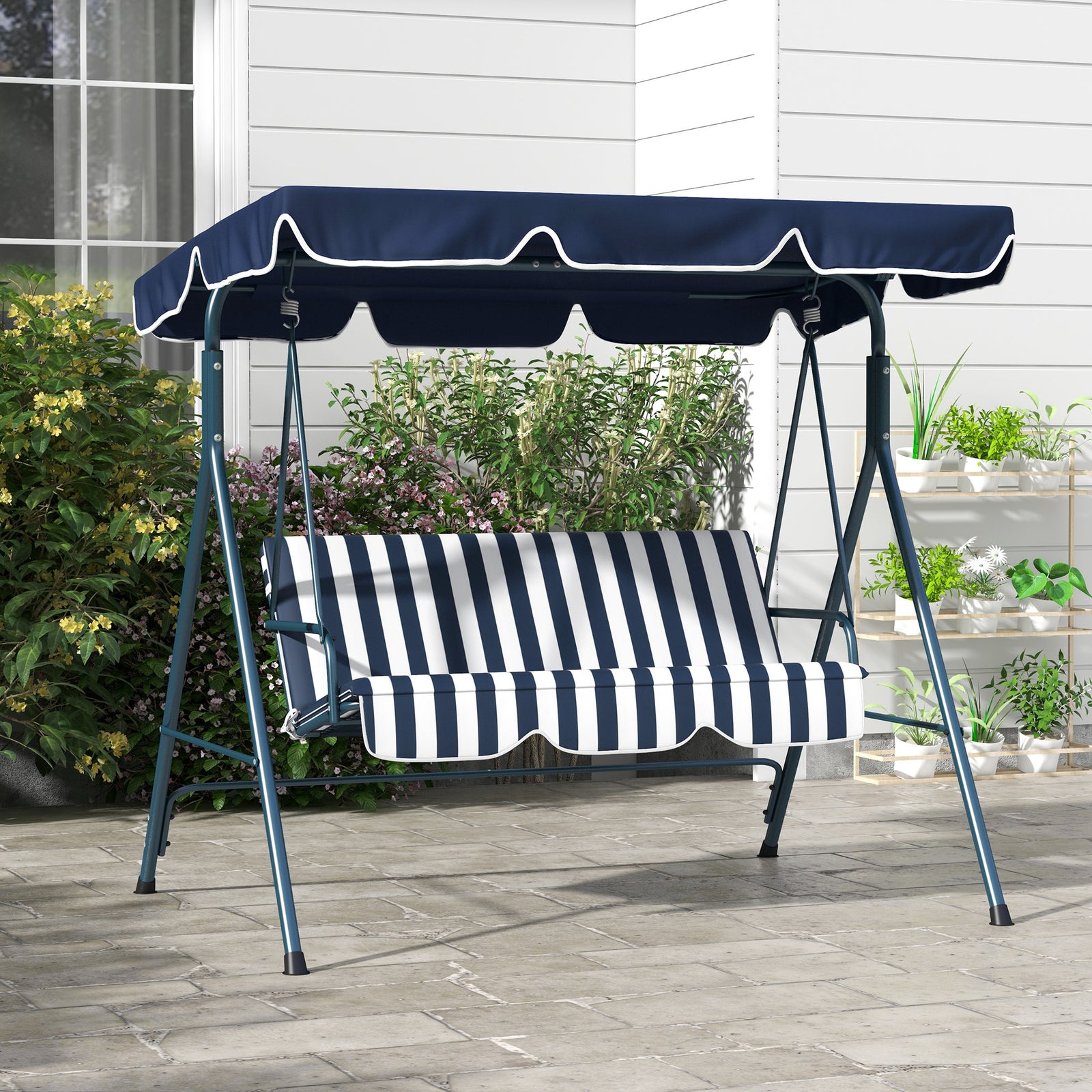 3 Seater Garden Swing Chair, Outdoor Swing Chair with Adjustable Canopy, Mental Frame & Cushions, Blue