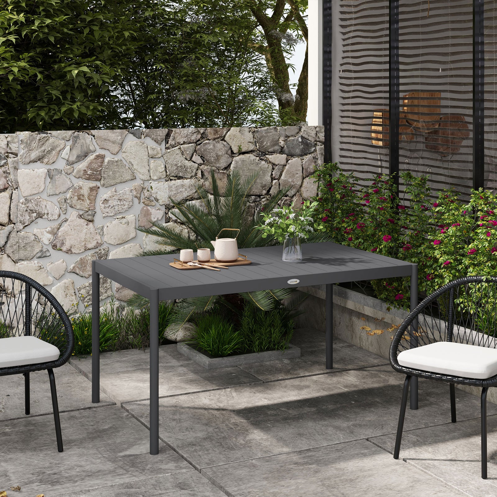 Six-Seater Outdoor Table with Slatted Aluminium Top and Steel Legs