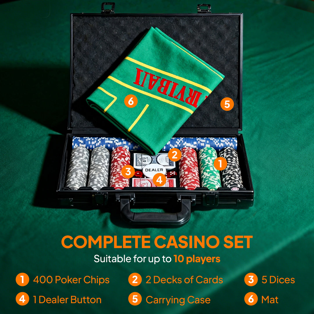 MCL 400-Piece Poker Chips Set with Lightweight ABS Case, Casino Texas Holdem Poker Set with Mat, 11.5g Numbered Poker Chips, Two Decks of Cards, Dealer, Five Dices, Grey