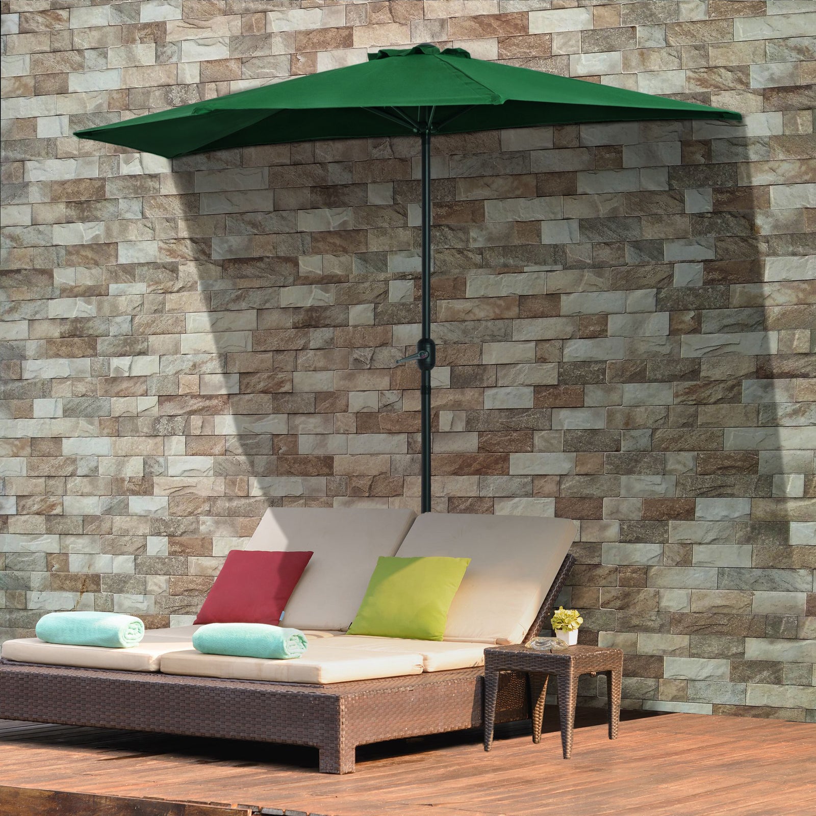 3(m) Half Parasol, Semi Round Umbrella with Metal Frame, Crank Handle for Balcony, Garden, Green