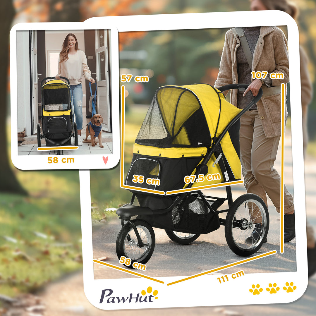 PawHut Pet Stroller Jogger for Medium, Small Dogs, Foldable Cat Pram Dog Pushchair w/ Adjustable Canopy, 3 Big Wheels - Yellow