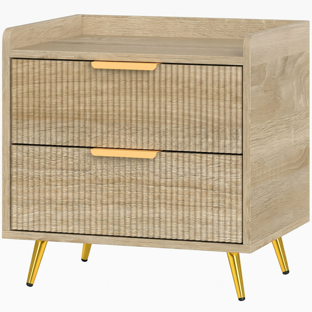 Stylish Two-Drawer Bedside Table - Black, Gold Handles &amp; Legs - Natural wood finish