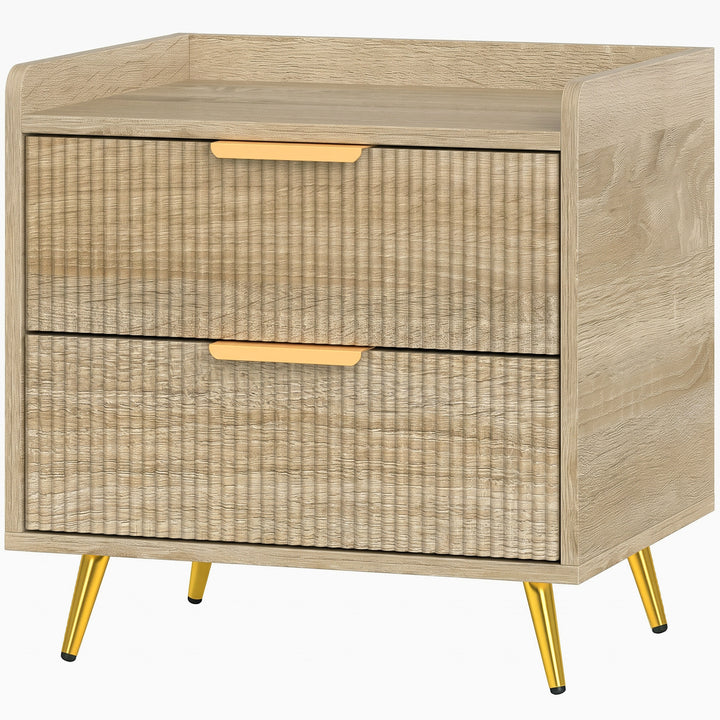 Stylish Two-Drawer Bedside Table - Black, Gold Handles &amp; Legs - Natural wood finish