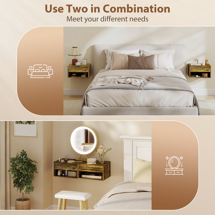 Set of Two Floating Bedside Tables - Rustic Brown