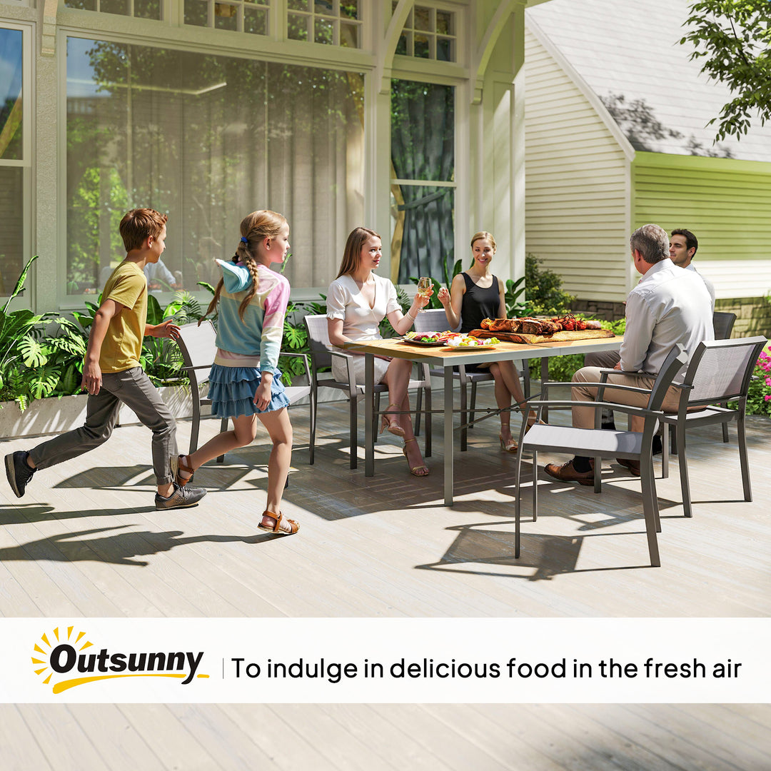 Garden Table for 6, 150 cm Rectangular Outdoor Dining Table with 5 cm Umbrella Hole, Wood Effect Top, Rust Resistant Frame, for Patio, Balcony, Terrace, Natural Wood Finish