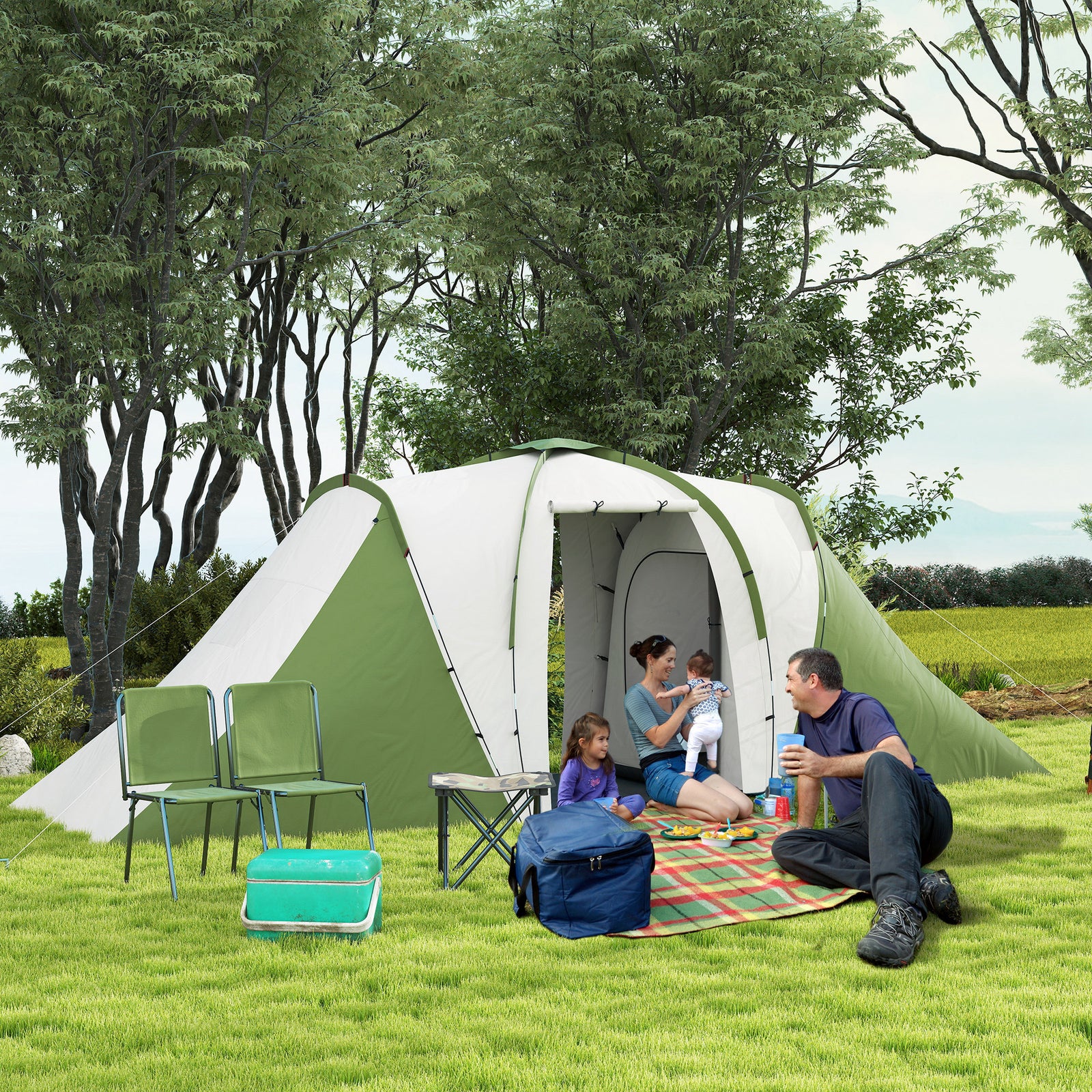 Large Camping Tent Tunnel Tent with 2 Bedroom and Living Area, 2000mm Waterproof, Portable with Bag for 4-6 Man, Green