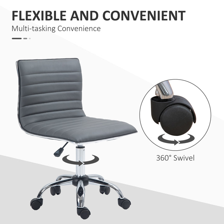 Armless Task Desk Chair, Swivel Office Chair with Faux Leather, Adjustable Seat Height, Chrome Base, Wheels for Home, Dark Grey