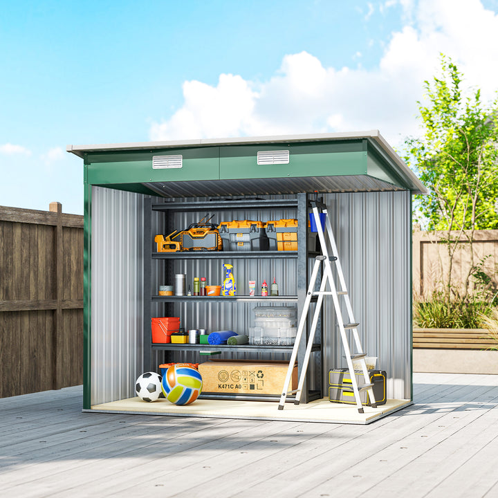 7 x 4ft Outdoor Storage Shed with Foundation Kit, Lean to Metal Garden Shed for Log, Rubbish Bin, Tool, Lawnmower, Bike, Patio and Lawn Use, Green