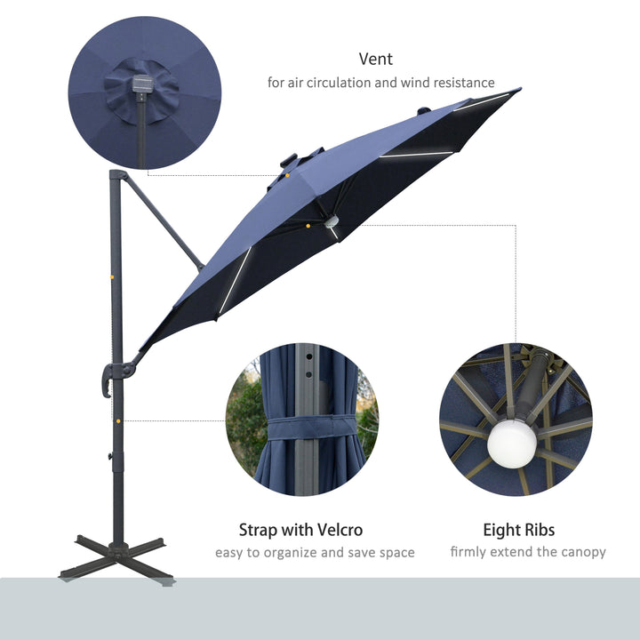 Outsunny 3(m) Cantilever Roma Parasol Garden Sun Umbrella Outdoor Patio with LED Solar Light Cross Base 360° Rotating, Blue