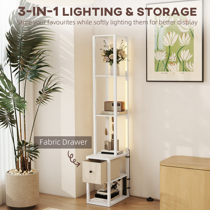 Floor Lamp with Shelves, LED Column Modern Standing Lamp with Fabric Drawer, Adjustable Brightness, Foot Switch for Living Room, Bedroom, Office, White