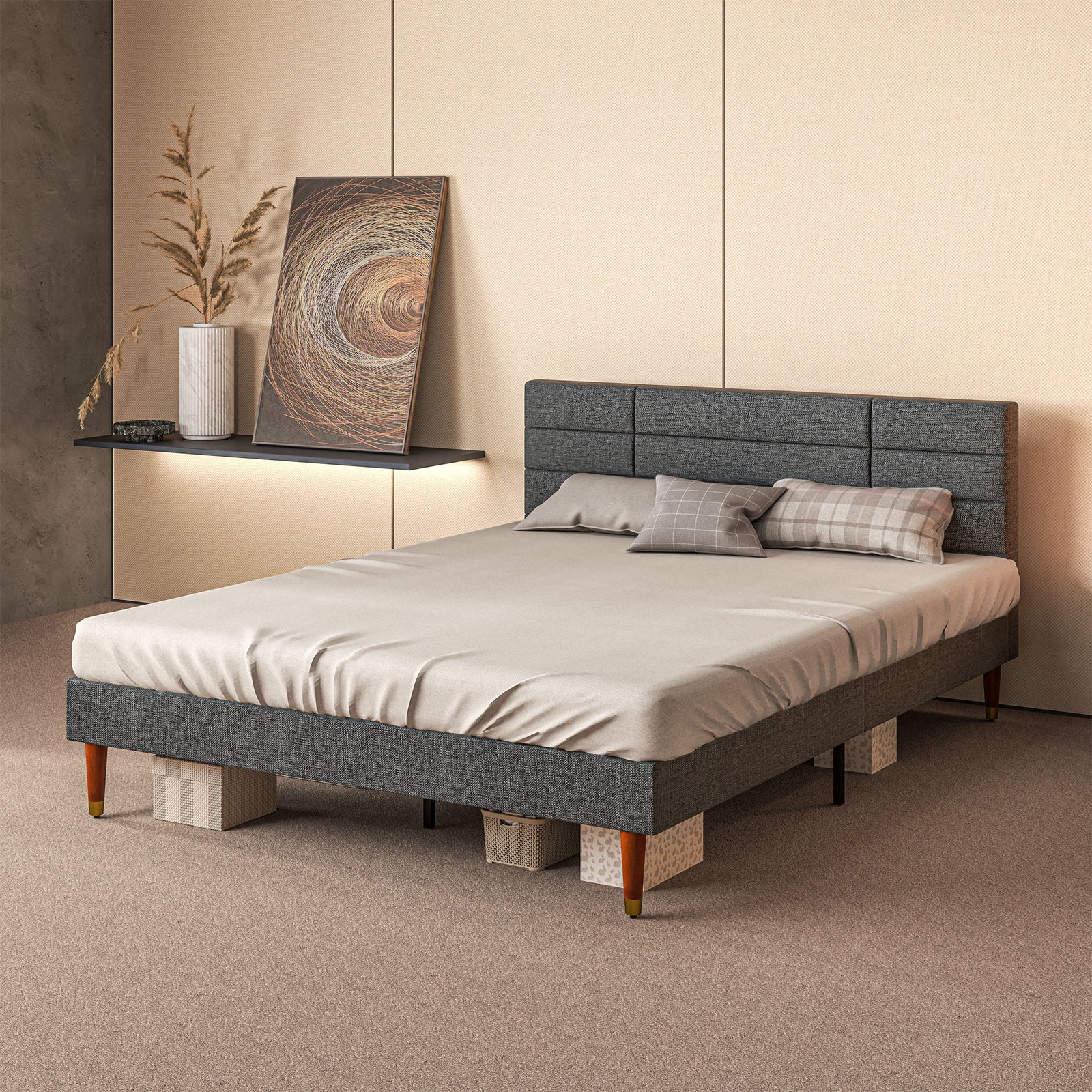 Upholstered King Bed Frame, with Slats - Grey