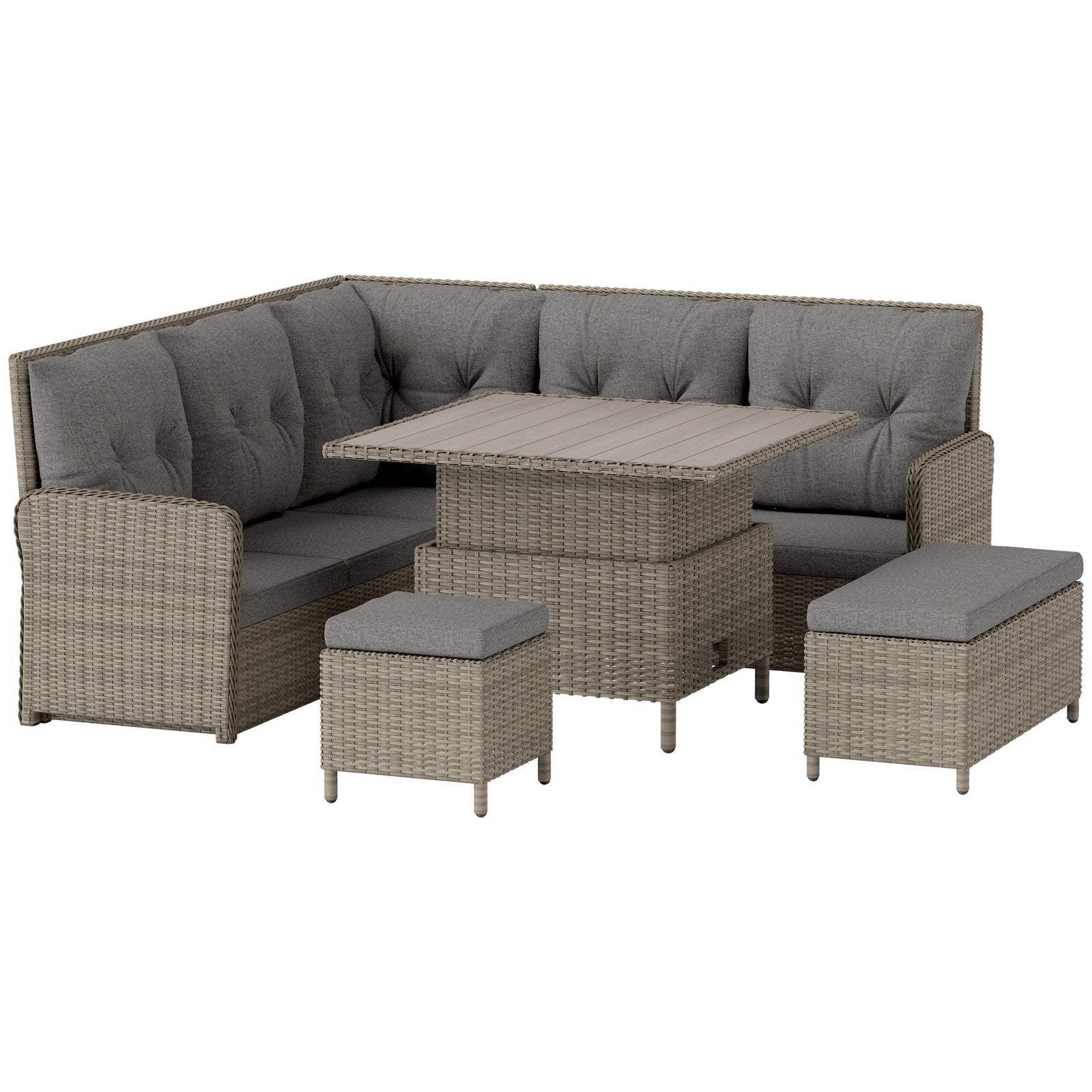 6 Pieces Outdoor PE Rattan Garden Furniture, Patio Wicker Sectional Conversation Corner Sofa w/ Soft Padded Cushion & Liftable Coffee Table, Light Grey