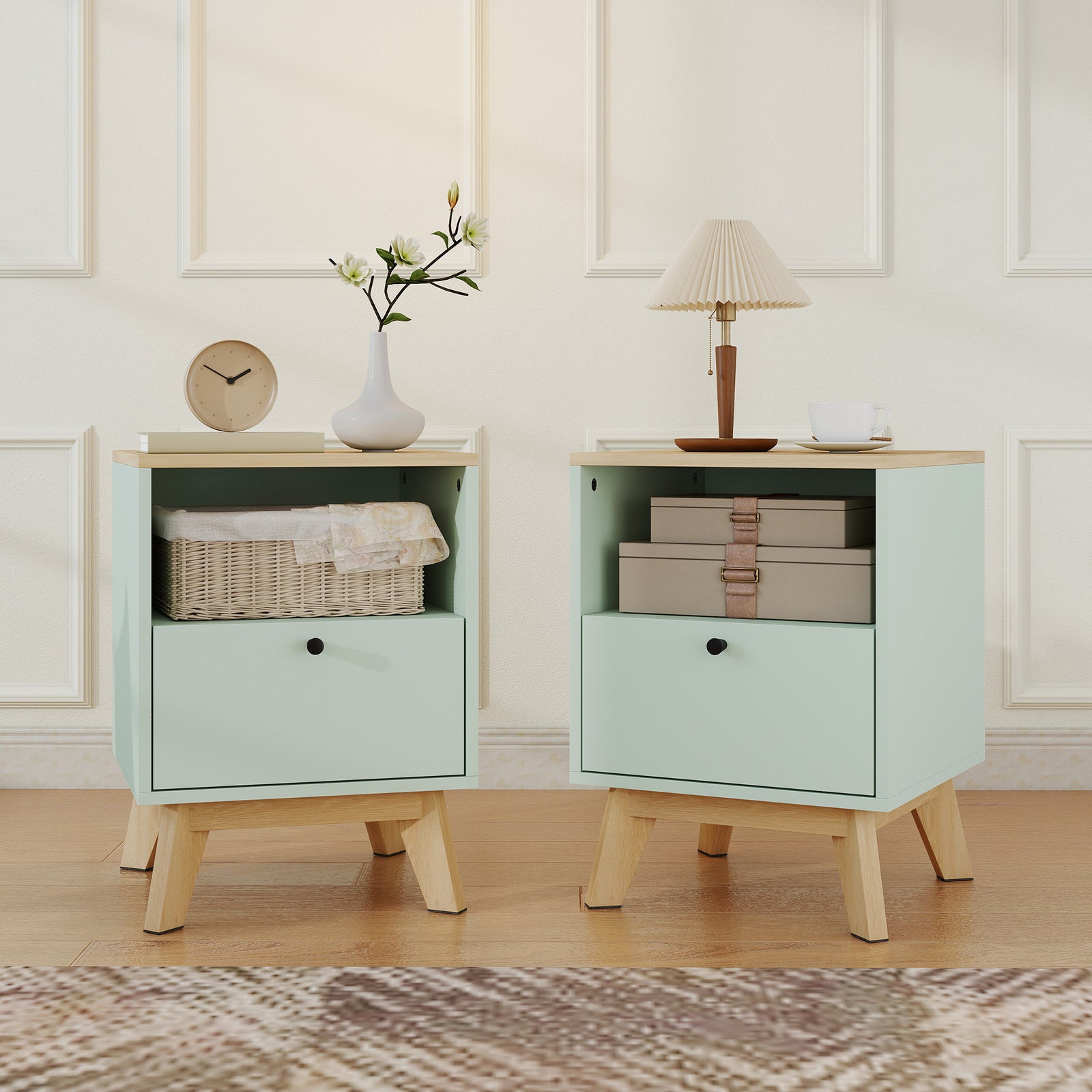 Modern Nightstand Set of 2, Bedside Table with Drawer and Open Shelf, 