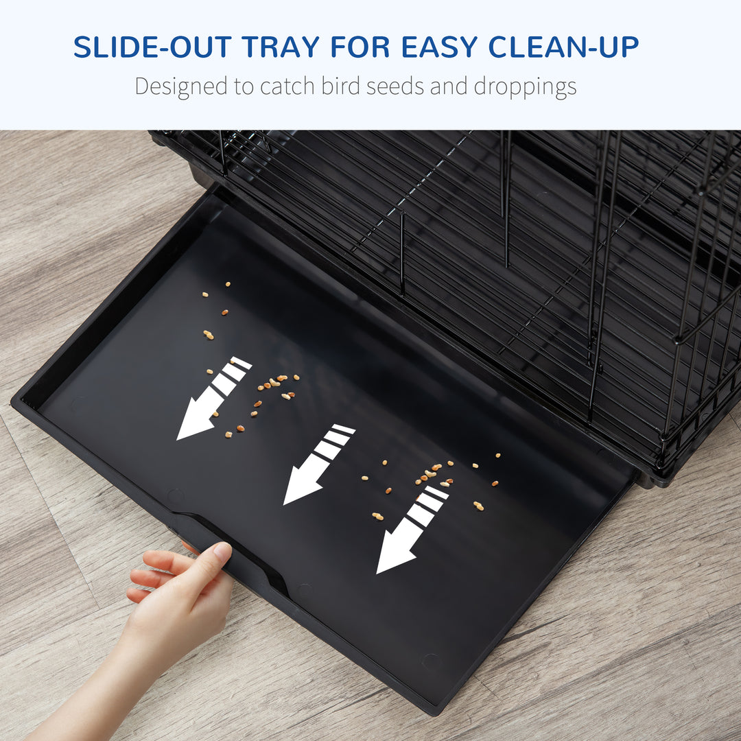 MCL Steel Bird Cage with Openable Top, Stand, Tray, Handles, Feeding Bowls for Parakeet, Finch - Black